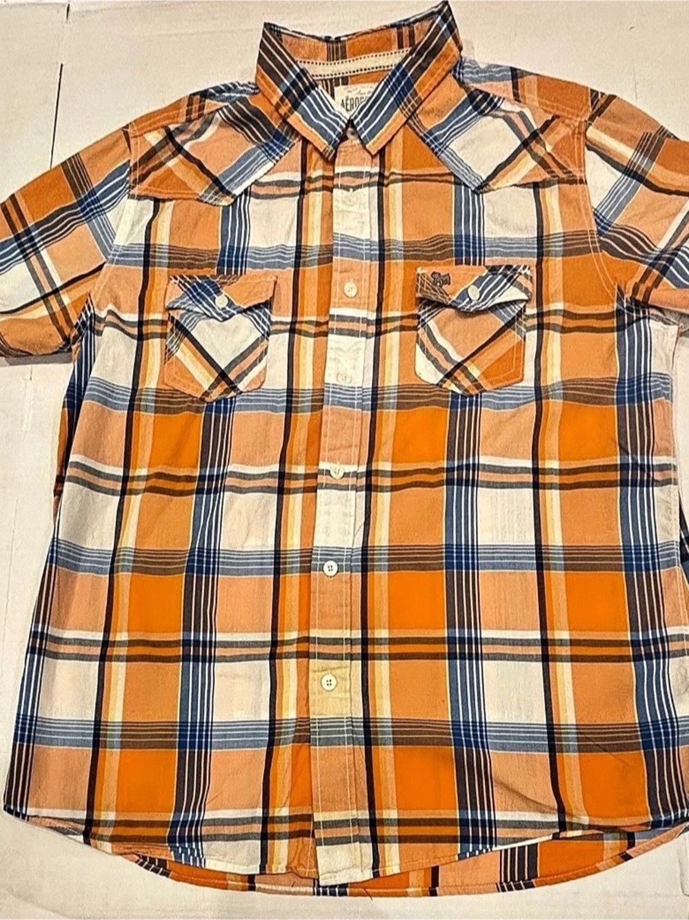 Aeropostale Boys XL Orange Blue Plaid Button Down